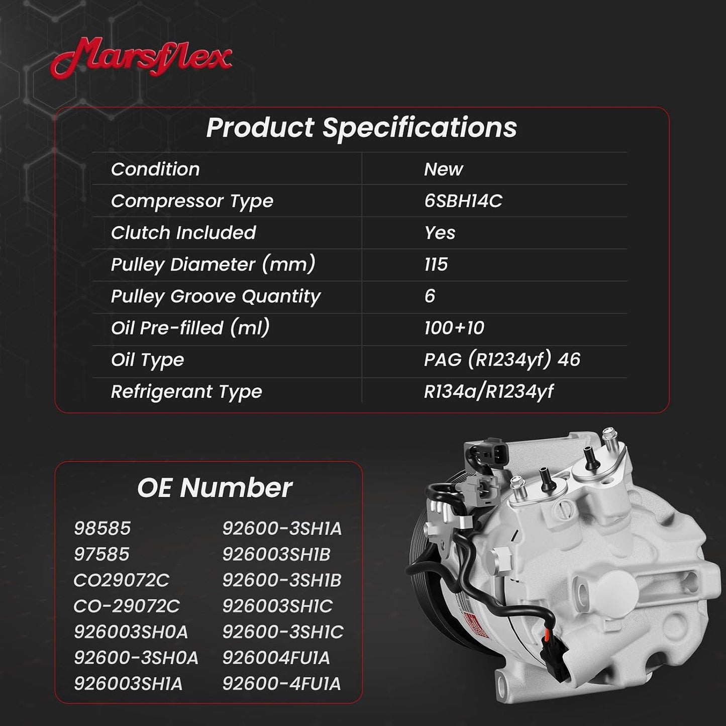 Marsflex AC Compressor with Clutch Fit for 2013-2019 Nissan Sentra | Fit for L4 1.6L/1.8L, CO29072C 98585 926003SH0A with 6-Groove Pulley, 2014 2015 2016 2017 2018