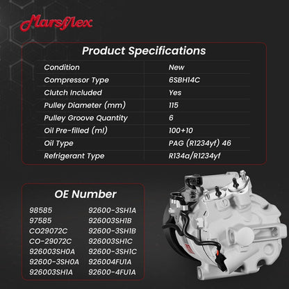 Marsflex AC Compressor with Clutch Fit for 2013-2019 Nissan Sentra | Fit for L4 1.6L/1.8L, CO29072C 98585 926003SH0A with 6-Groove Pulley, 2014 2015 2016 2017 2018