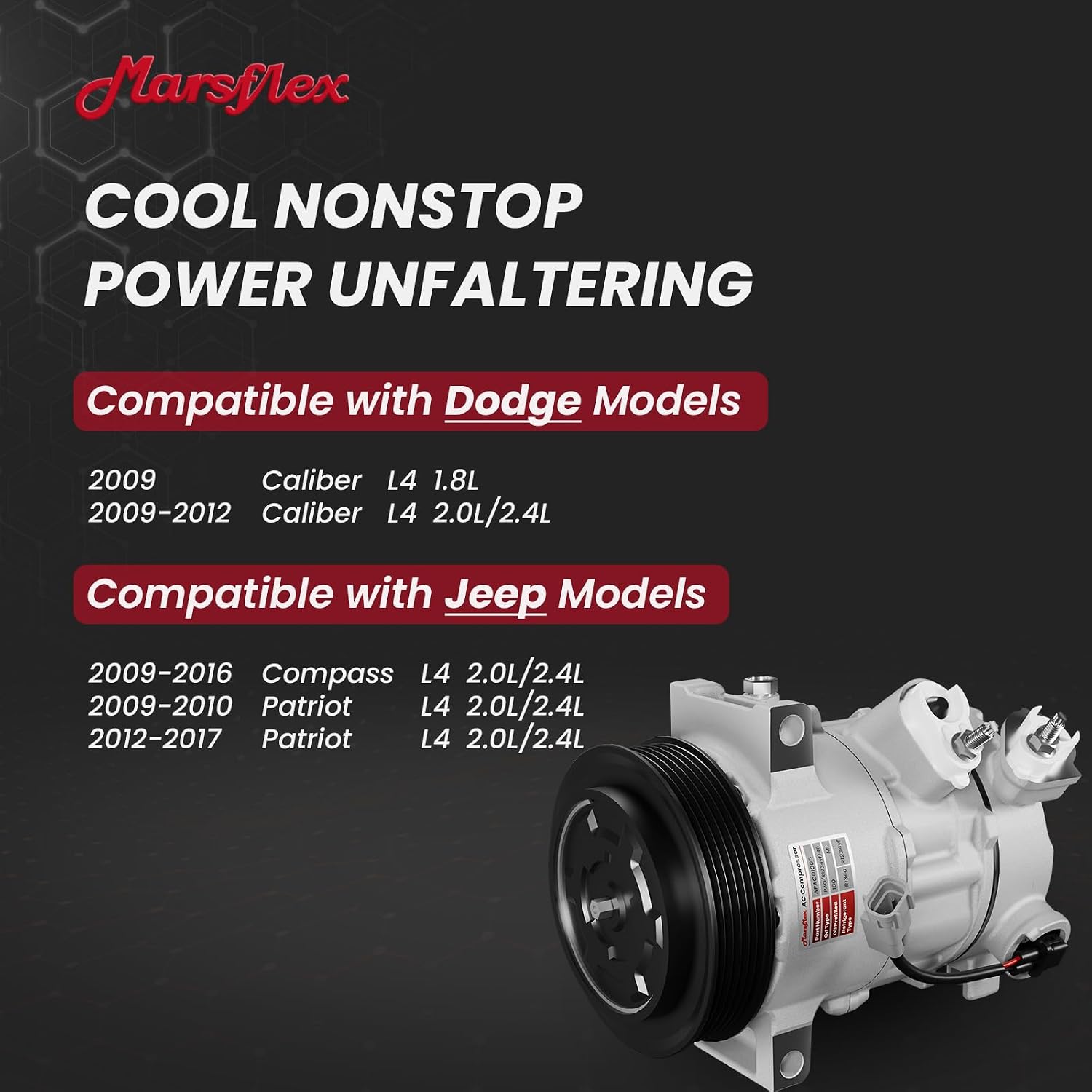 Marsflex AC Compressor with Clutch Fit for 2009-2017 Dodge Caliber | Fit for Jeep Compass Patriot, L4 1.8L/2.0L/2.4L, 2010 2011 2012 2013 2014 2015 2016, CO30011C with 6-Groove Pulley