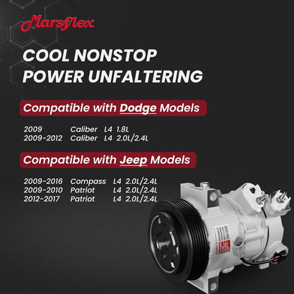 Marsflex AC Compressor with Clutch Fit for 2009-2017 Dodge Caliber | Fit for Jeep Compass Patriot, L4 1.8L/2.0L/2.4L, 2010 2011 2012 2013 2014 2015 2016, CO30011C with 6-Groove Pulley