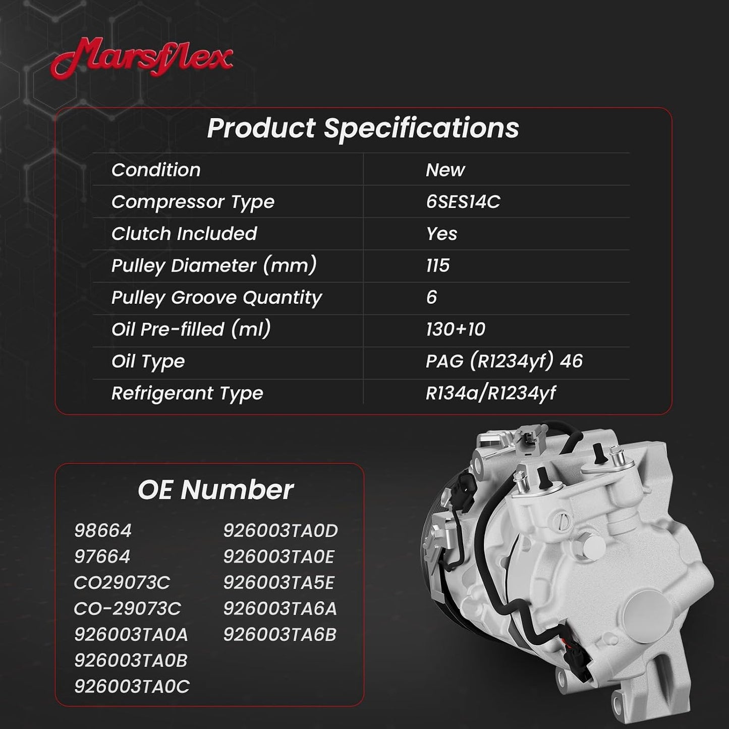 Marsflex AC Compressor with Clutch Fit for 2013-2018 Nissan Altima L4 2.5L | only Fit Two Plug Compressor, 2013 2014 2015 2016 2017 2018 Nissan Altima L4 2.5L, CO29073C with 6-Groove Pulley