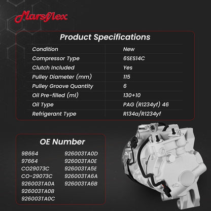 Marsflex AC Compressor with Clutch Fit for 2013-2018 Nissan Altima L4 2.5L | only Fit Two Plug Compressor, 2013 2014 2015 2016 2017 2018 Nissan Altima L4 2.5L, CO29073C with 6-Groove Pulley