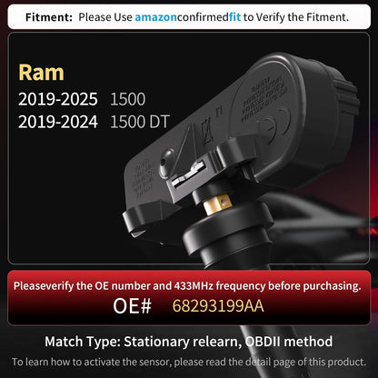 Marsflex Tire Pressure Sensor Fit for Ram 1500 2019-2025 OE 68293199AA | 433MHz Set of 4, Pre-programmed TPMS sensors, Tire Pressure Monitoring System Sensor Replacement for Dodge