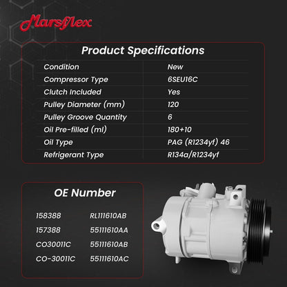 Marsflex AC Compressor with Clutch Fit for 2009-2017 Dodge Caliber | Fit for Jeep Compass Patriot, L4 1.8L/2.0L/2.4L, 2010 2011 2012 2013 2014 2015 2016, CO30011C with 6-Groove Pulley