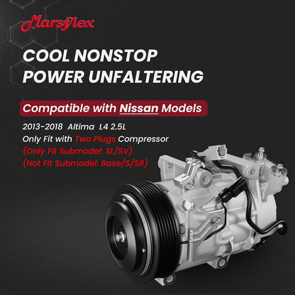 Marsflex AC Compressor with Clutch Fit for 2013-2018 Nissan Altima L4 2.5L | only Fit Two Plug Compressor, 2013 2014 2015 2016 2017 2018 Nissan Altima L4 2.5L, CO29073C with 6-Groove Pulley