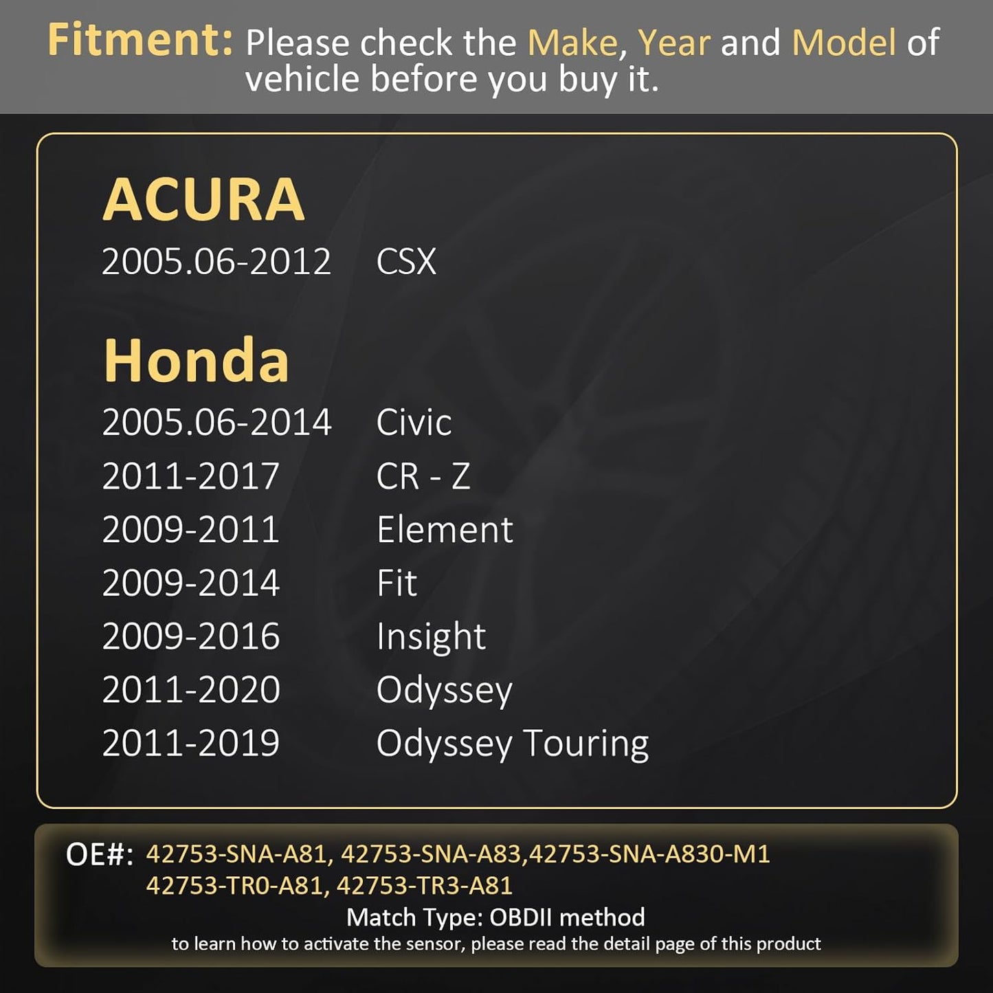 Marsflex TPMS Sensor Compatible for Acura CSX/Honda, Civic CR-Z Element Fit Insight Odyssey, Programmed Tire Pressure Monitoring System Replaces# 42753-TR3-A81 42753-SNA-A81 42753-SNA-A830-M1, 315MHZ