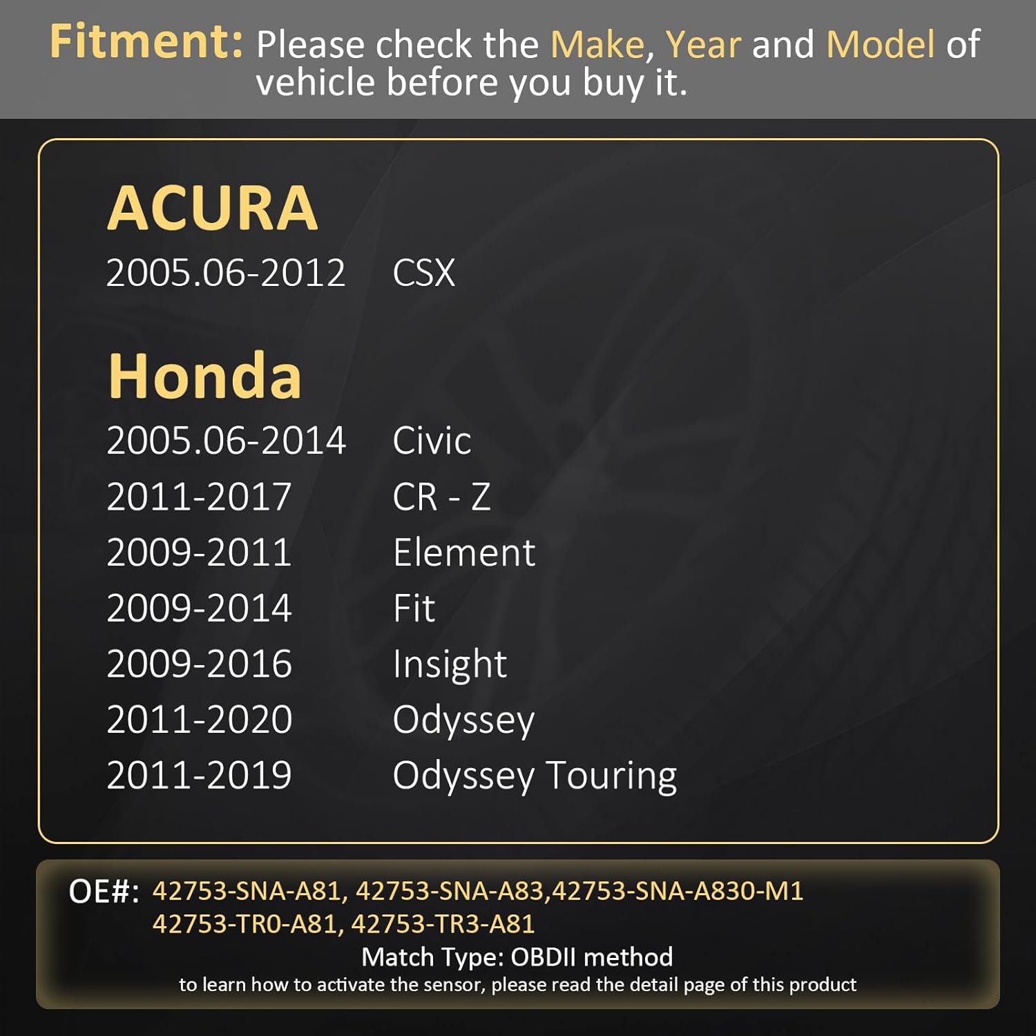 Marsflex TPMS Sensor Compatible for Acura CSX/Honda, Civic CR-Z Element Fit Insight Odyssey, Programmed Tire Pressure Monitoring System Replaces# 42753-TR3-A81 42753-SNA-A81 42753-SNA-A830-M1, 315MHZ