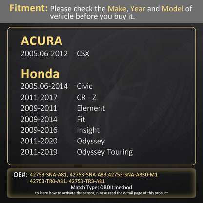 Marsflex TPMS Sensor Compatible for Acura CSX/Honda, Civic CR-Z Element Fit Insight Odyssey, Programmed Tire Pressure Monitoring System Replaces# 42753-TR3-A81 42753-SNA-A81 42753-SNA-A830-M1, 315MHZ
