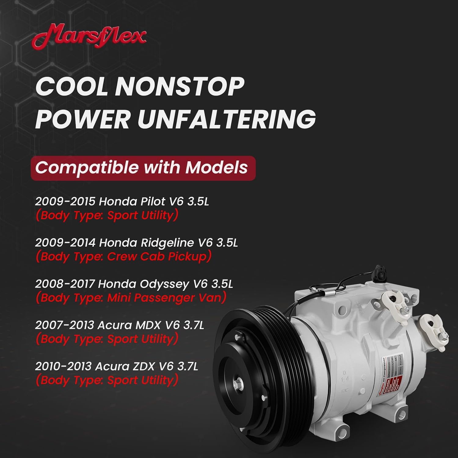 Marsflex AC Compressor with Clutch Fit for 2007-2017 Honda Odyssey Pilot | Fit for Ridgeline Acura MDX ZDX V6 3.5L/3.7L, 158334 C010840C 38810RN0A01 with 6-Groove Pulley, 2008 2009 2010 2012 2013 2014