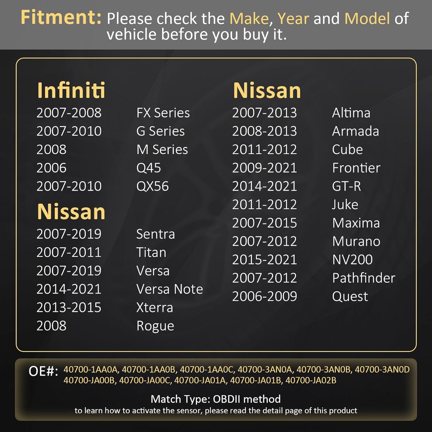 Marsflex TPMS Sensor Compatible for Nissan Infiniti Programmed Tire Pressure Monitoring System Replaces# 40700-1AA0B 40700-3AN0A, 40700-3AN0B, 40700-3AN0D, 40700-JA00C, 40700-JA01B, 40700-JA02B 315MHZ