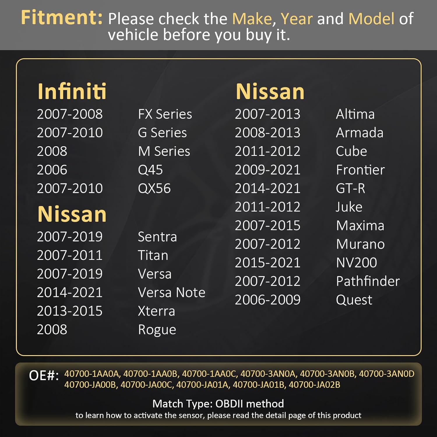 Marsflex TPMS Sensor Compatible for Nissan Infiniti Programmed Tire Pressure Monitoring System Replaces# 40700-1AA0B 40700-3AN0A, 40700-3AN0B, 40700-3AN0D, 40700-JA00C, 40700-JA01B, 40700-JA02B 315MHZ