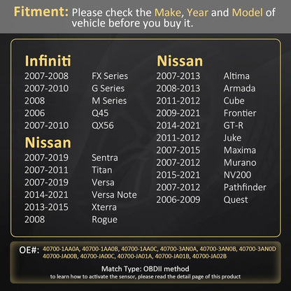 Marsflex TPMS Sensor Compatible for Nissan Infiniti Programmed Tire Pressure Monitoring System Replaces# 40700-1AA0B 40700-3AN0A, 40700-3AN0B, 40700-3AN0D, 40700-JA00C, 40700-JA01B, 40700-JA02B 315MHZ