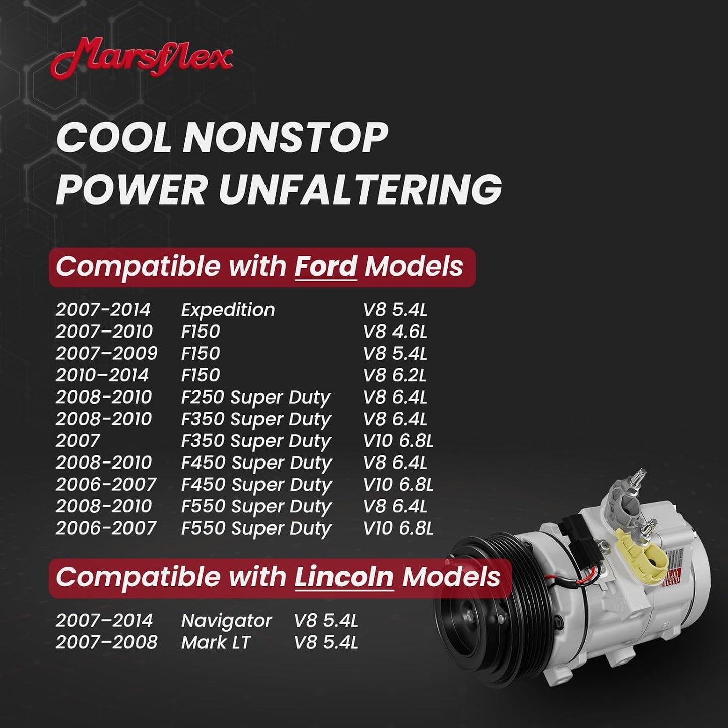 Marsflex AC Compressor with Clutch Fit for 2006-2014 Ford F150 F250 F350 | Fit for Ford Expedition F450 F550 Super Duty, Fit for Lincoln Navigator Mark LT, V8 4.6L/5.4L/6.2L/6.4L, V10 6.8L, CO10905C