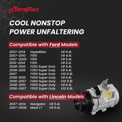 Marsflex AC Compressor with Clutch Fit for 2006-2014 Ford F150 F250 F350 | Fit for Ford Expedition F450 F550 Super Duty, Fit for Lincoln Navigator Mark LT, V8 4.6L/5.4L/6.2L/6.4L, V10 6.8L, CO10905C