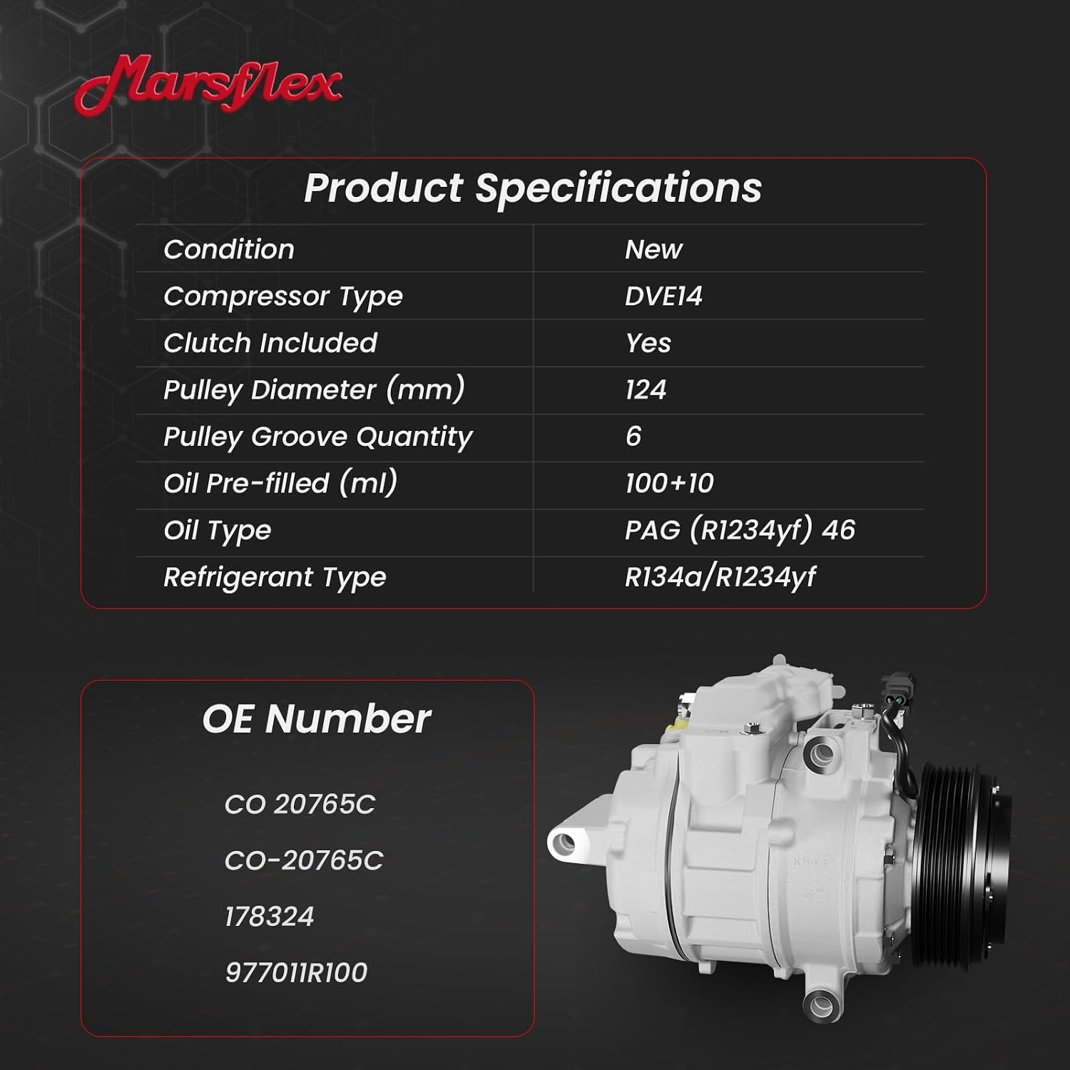 Marsflex AC Compressor with Clutch Fit for 2012-2017 Hyundai Accent Kia Rio | only Fit Automatic Temperature Control System, L4 1.6L, 2013 2014 2015 2016 CO20765C 178324 977011R100 with 6-Groove Pulley