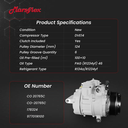 Marsflex AC Compressor with Clutch Fit for 2012-2017 Hyundai Accent Kia Rio | only Fit Automatic Temperature Control System, L4 1.6L, 2013 2014 2015 2016 CO20765C 178324 977011R100 with 6-Groove Pulley