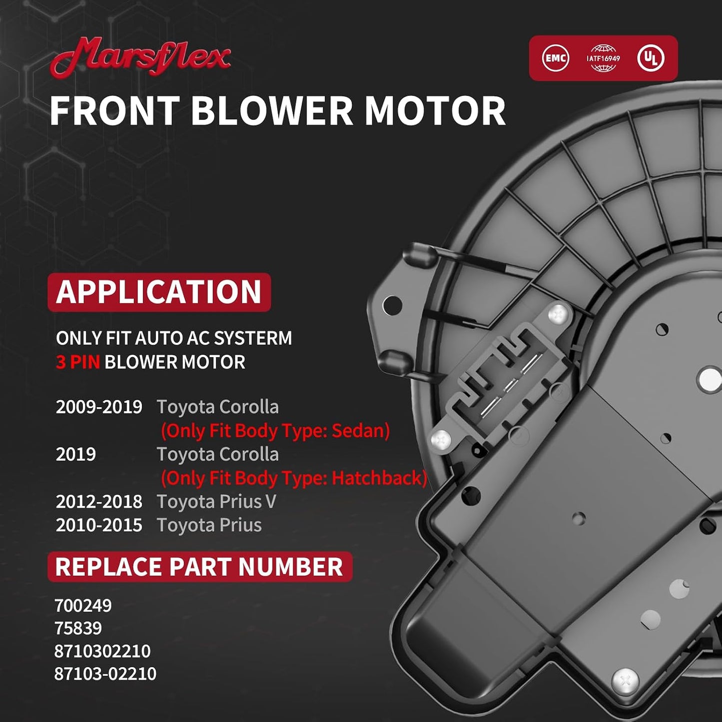 Marsflex Front Blower Motor 700249 for 2009-2019 Toyota Corolla Prius V | Only Fit Auto AC System for 2010 2011 2012 2013 2014 2015 2016 2017 2018 Automotive Replacement Blower Motor Fan