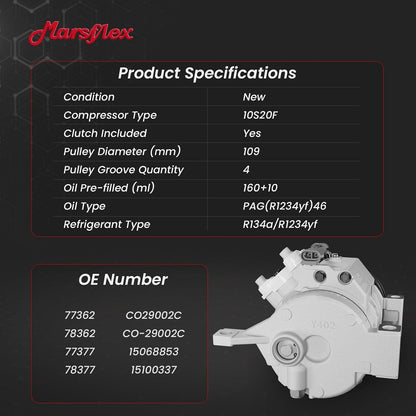 Marsflex AC Compressor with Clutch Fit for 2000-2019 Chevy Silverado | only Fit 2 Mounting Holes, Fit for Chevrolet Express GMC Savana Sierra 1500 2500 3500 4500 V8 4.8L/5.3L/6.0L /8.1L, CO29002C