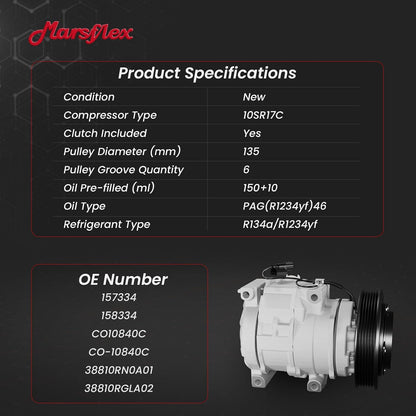 Marsflex AC Compressor with Clutch Fit for 2007-2017 Honda Odyssey Pilot | Fit for Ridgeline Acura MDX ZDX V6 3.5L/3.7L, 158334 C010840C 38810RN0A01 with 6-Groove Pulley, 2008 2009 2010 2012 2013 2014