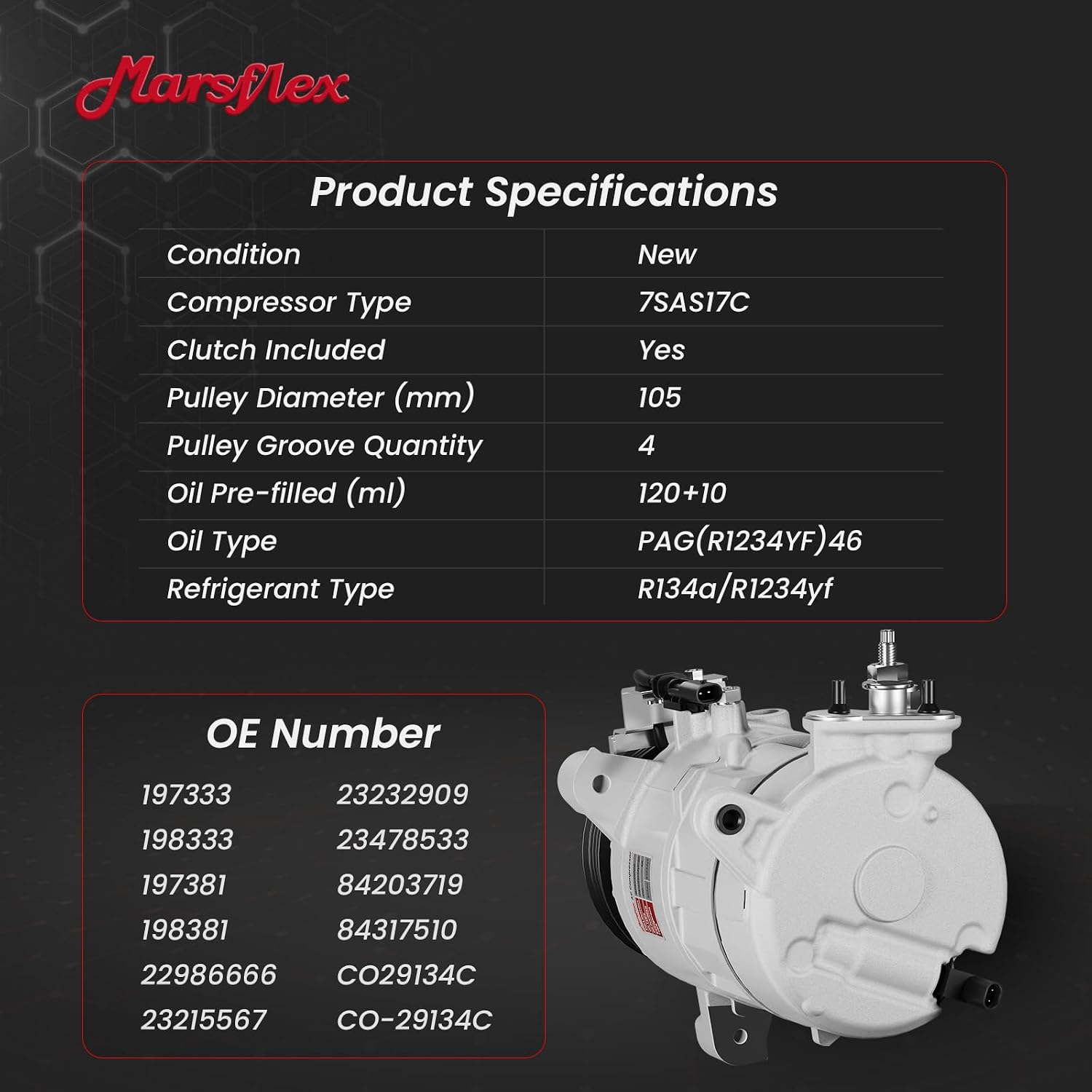 Marsflex AC Compressor with Clutch Fit for 2015-2020 Chevy Tahoe Suburban | Fit for Chevrolet GMC Yukon XL, Cadillac Escalade ESV V8 5.3L/6.2L, CO29134C 198333 with 4-Groove Pulley