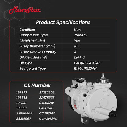 Marsflex AC Compressor with Clutch Fit for 2015-2020 Chevy Tahoe Suburban | Fit for Chevrolet GMC Yukon XL, Cadillac Escalade ESV V8 5.3L/6.2L, CO29134C 198333 with 4-Groove Pulley