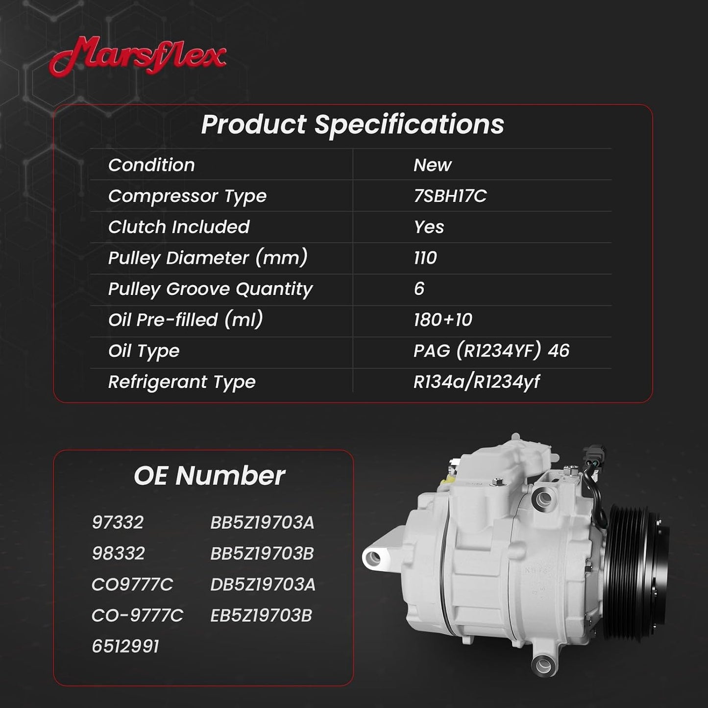 Marsflex AC Compressor with Clutch Fit for 2011-2015 Ford Explorer 3.5L | 2013-2015 Police Interceptor Utility 3.7L, only Fit V6 Naturally Aspirated, CO9777C BB5Z19703A with 6-Groove Pulley