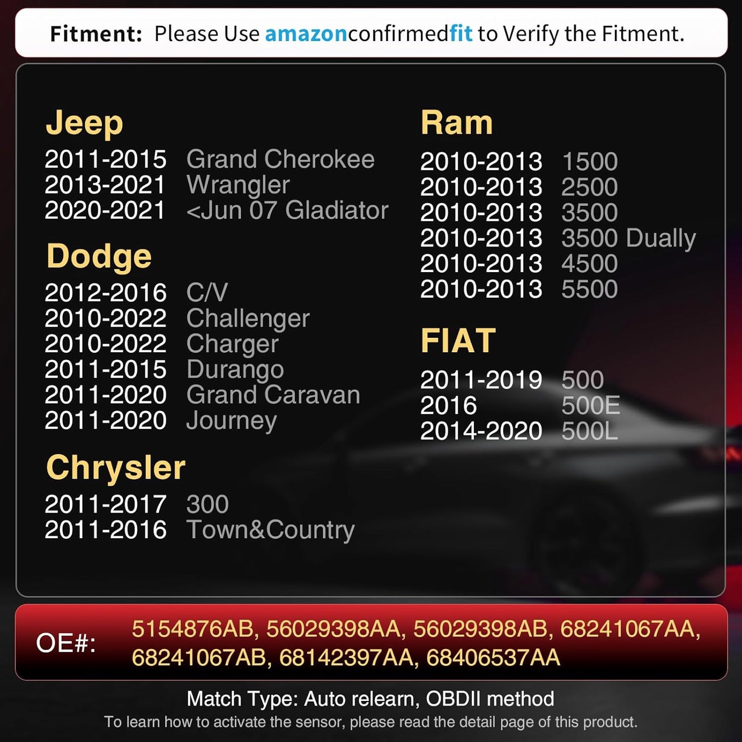 Marsflex Tire Pressure TPMS Sensor - Fit for Jeep Grand Cherokee Dodge Ram 1500 Chrysler Fiat, 433MHz Tire Pressure Monitoring System Set of 4, OE 56029398AA 56029398AB 68241067AA 68241067AB