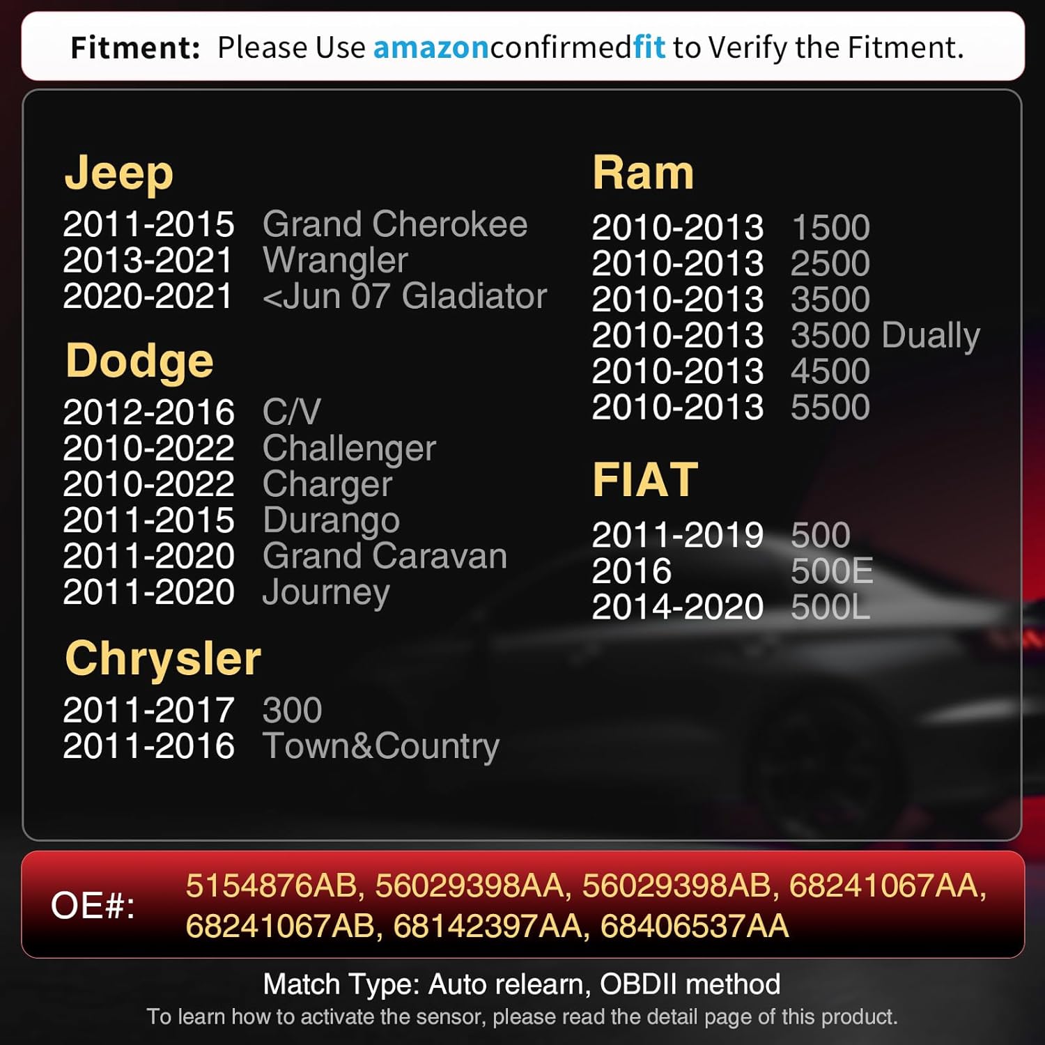 Marsflex Tire Pressure TPMS Sensor - Fit for Jeep Grand Cherokee Dodge Ram 1500 Chrysler Fiat, 433MHz Tire Pressure Monitoring System Set of 4, OE 56029398AA 56029398AB 68241067AA 68241067AB