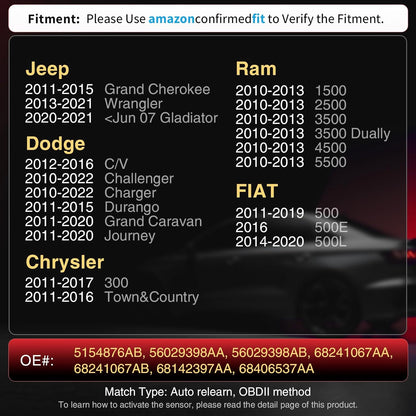 Marsflex Tire Pressure TPMS Sensor - Fit for Jeep Grand Cherokee Dodge Ram 1500 Chrysler Fiat, 433MHz Tire Pressure Monitoring System Set of 4, OE 56029398AA 56029398AB 68241067AA 68241067AB