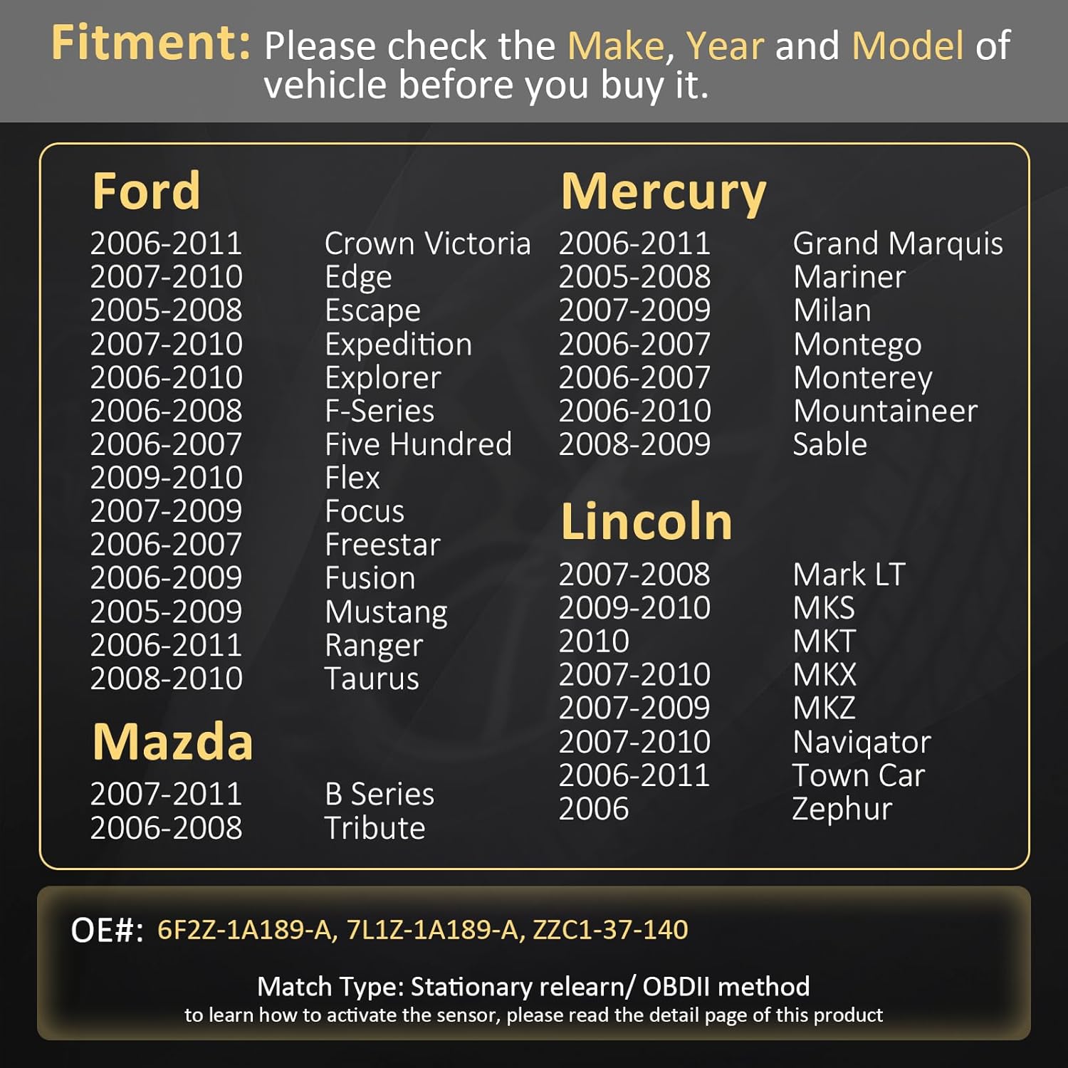 Marsflex TPMS Sensor 4PCS Compatible for Ford F150 Mazda Lincoln Mercury Explorer Mustang Expedition Edge Escape Fusion, Tire Pressure Monitoring Sensor Replaces# 6F2Z-1A189-A, 7L1Z-1A189-A 315MHZ