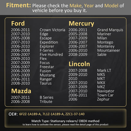 Marsflex TPMS Sensor 4PCS Compatible for Ford F150 Mazda Lincoln Mercury Explorer Mustang Expedition Edge Escape Fusion, Tire Pressure Monitoring Sensor Replaces# 6F2Z-1A189-A, 7L1Z-1A189-A 315MHZ