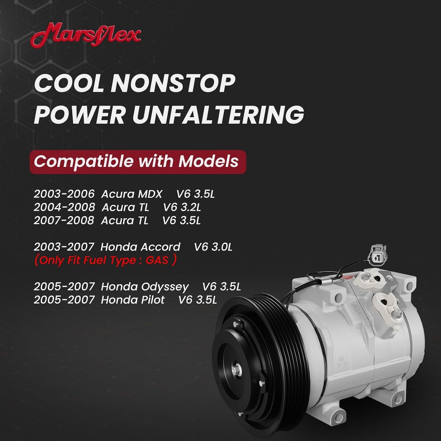 Marsflex AC Compressor with Clutch Compatible for 2003-2008 Honda Odyssey | Fit for Accord Pilot Acura MDX TL V6 3.0L/3.2L/3.5L, 98307 CO10736C 38810RCAA01 2004 2005 2007 with 6-Groove Pulley