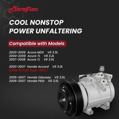 Marsflex AC Compressor with Clutch Compatible for 2003-2008 Honda Odyssey | Fit for Accord Pilot Acura MDX TL V6 3.0L/3.2L/3.5L, 98307 CO10736C 38810RCAA01 2004 2005 2007 with 6-Groove Pulley