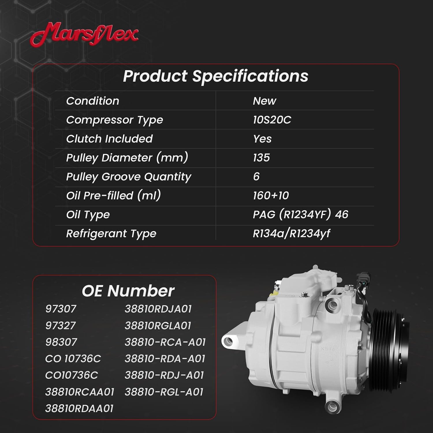 Marsflex AC Compressor with Clutch Compatible for 2003-2008 Honda Odyssey | Fit for Accord Pilot Acura MDX TL V6 3.0L/3.2L/3.5L, 98307 CO10736C 38810RCAA01 2004 2005 2007 with 6-Groove Pulley